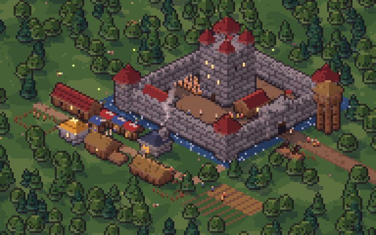 Pixel-Burg in der Abenddämmerung mit Dorf davor